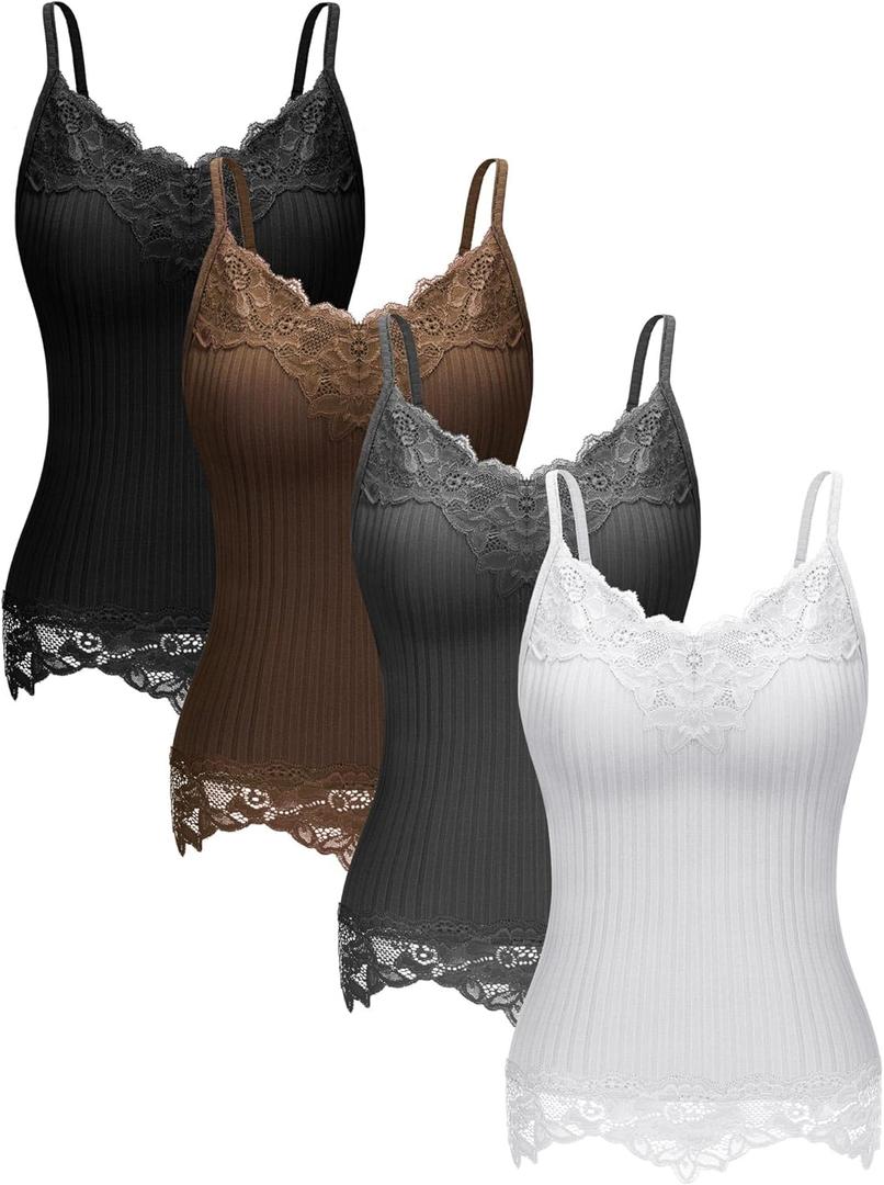 Fourluoo 4 Pcs Women's Long Lace Tank Tops lace Camisole Patchwork Tops for Women(S, Black, White, Gray, Brown)