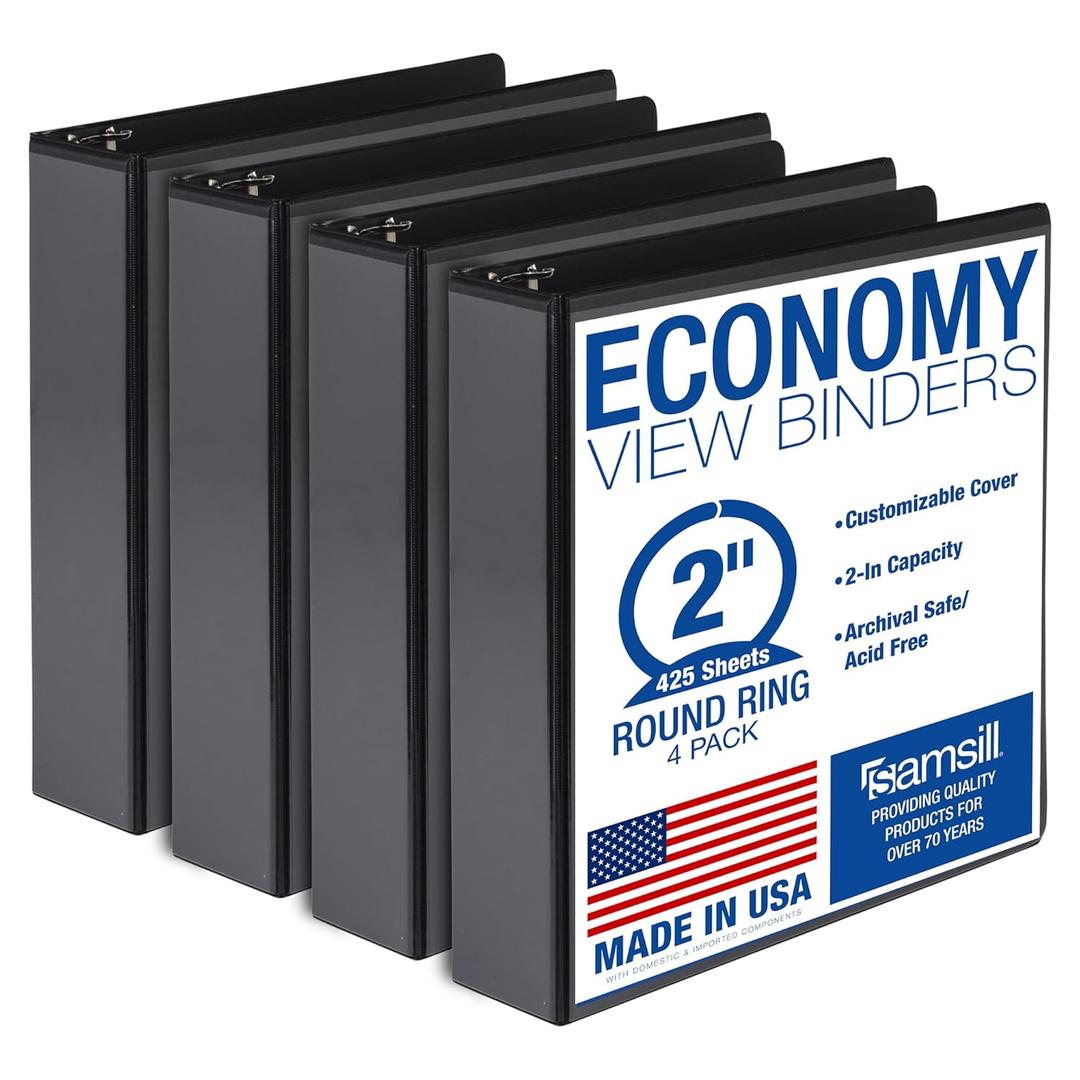 Samsill 2 Inch 3 Ring Binders, Economy Round Ring, Clear View Cover, 425 Sheet Capacity - for School, Home, Office - Black, 4 Pack