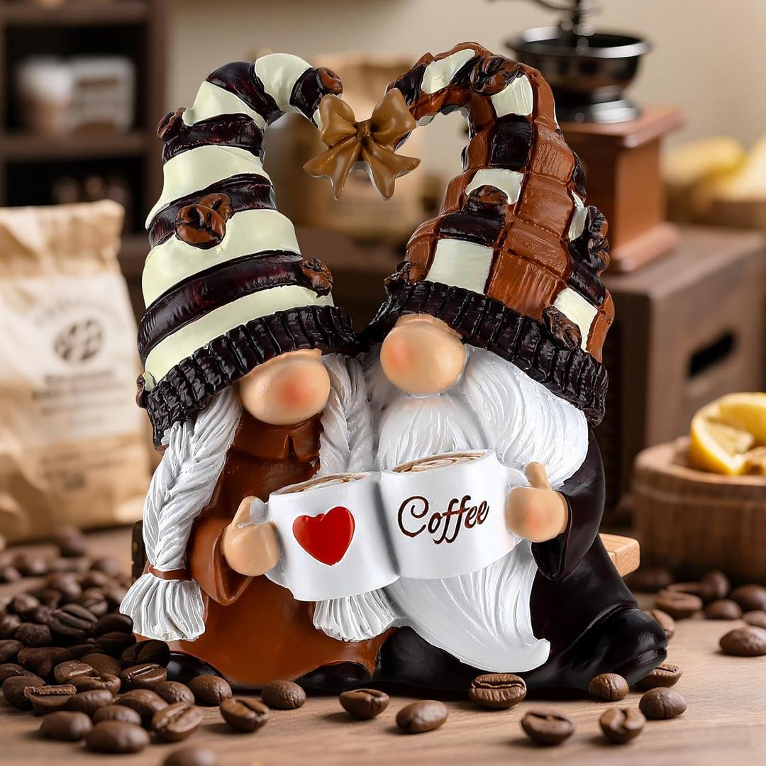 Coffee Bar Decor Gnomes - Handcrafted Resin Gnome Figurine for Home, Tiered Tray & Table Ornaments - All-Season Spring Summer Fall Decor, for Coffee Lovers