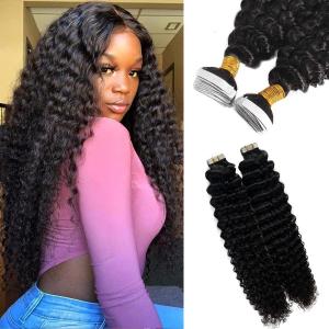 Curly Tape-in Hair Extensions - Human Hair, Black, Full Head, Soft, Real, 16Inch, 50grams/20pcs, PU Skin Weft, Curly Hair Extensions for Black Women