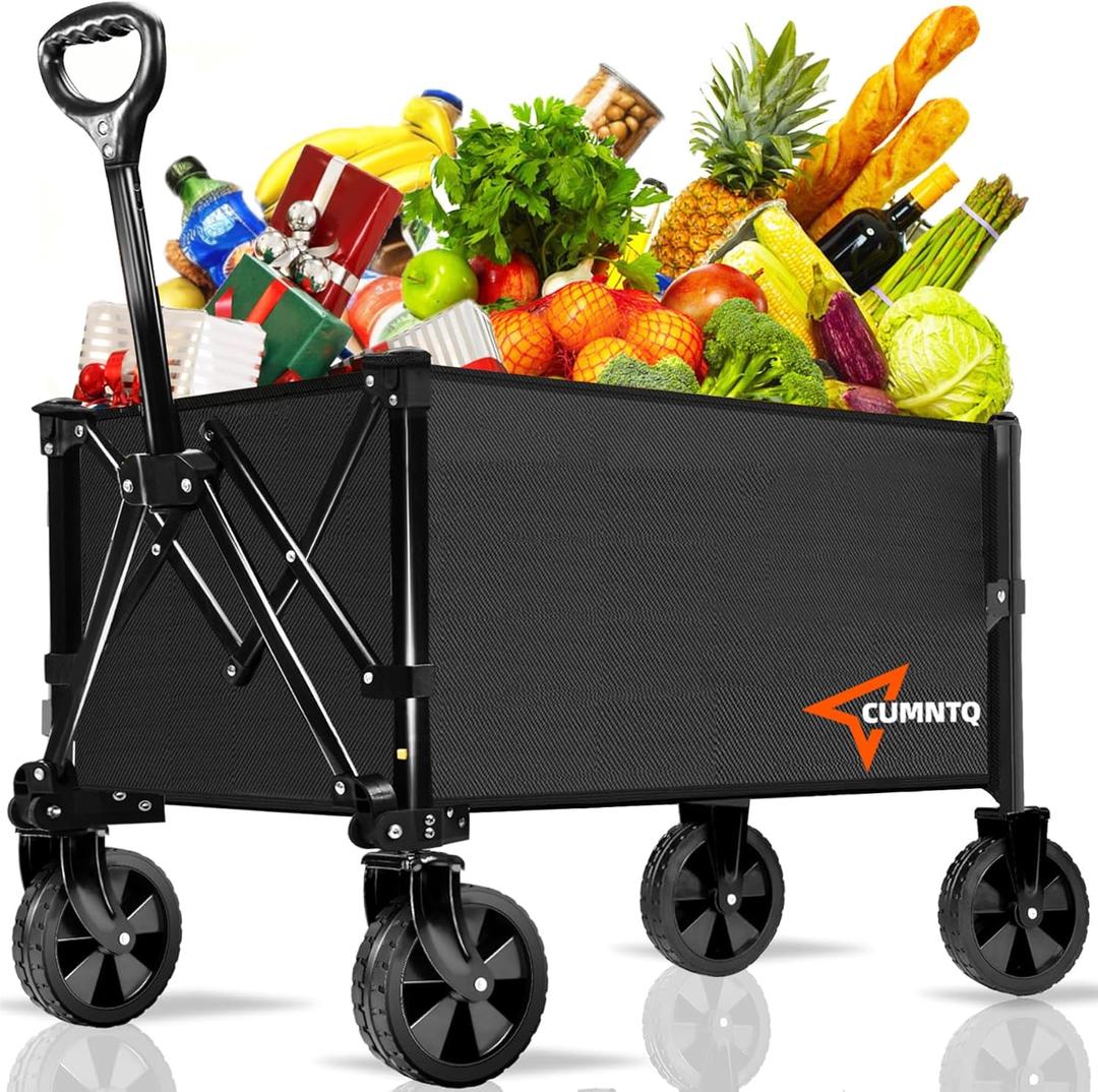 Collapsible Folding Wagon, 350lb Weight Capacity Collapsible Wagon with All-Terrain Wheels, Cup Holders and Adjustable Handle Utility Wagon, for Grocery Camping Garden Sports Shopping, Black (100L)