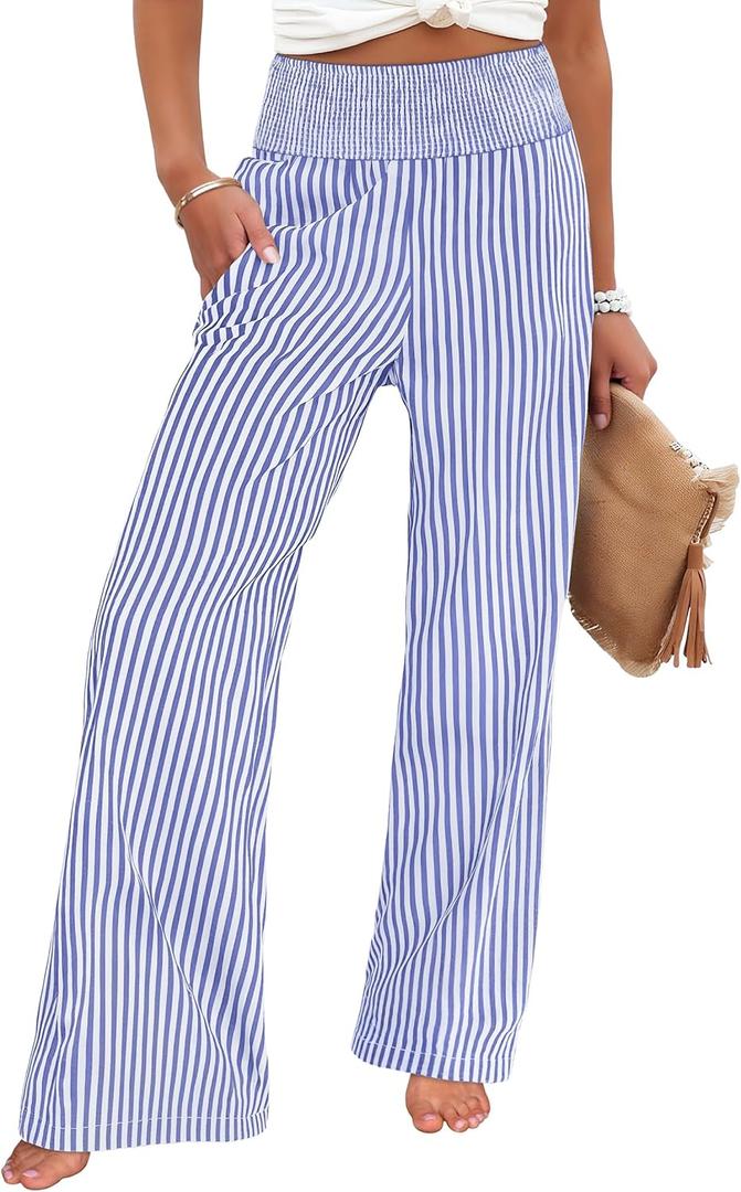 ANRABESS Womens Palazzo Pants, Striped & Gingham, Lounge & Casual, Cute Pajama Pants, Wide Leg, High Waisted, Pockets (White, M)