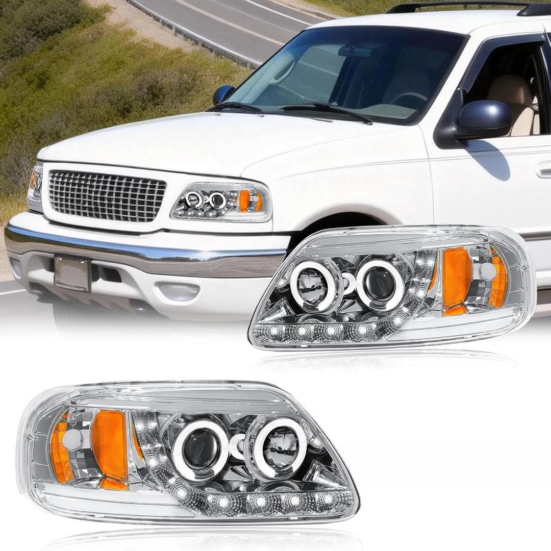 LED DRL Headlight Assembly, Fit 1997-2003 Ford F150/ 2004 Ford F150 Heritage/97-99 Ford F250 Light Duty/97-02 Ford Expedition Projector Pair of Left & Right Side Chrome Housing Amber Reflector