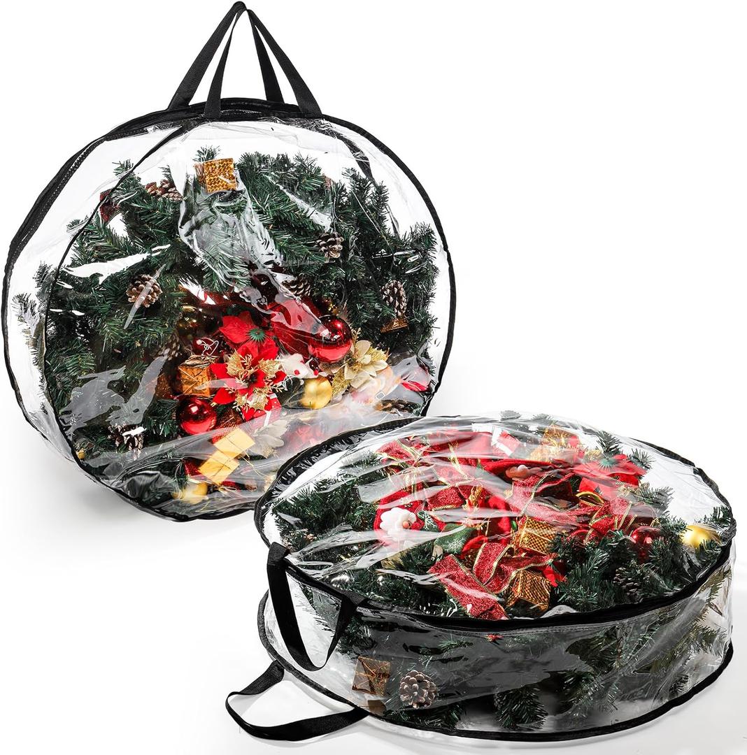 Hedume 2 Pack Wreath Storage Bag, 30" X 8" Clear Everyday Bag, Christmas Wreath Storage Container with Dual Zippered and Reinforced Handle for Holiday Seasonal Wreath Garland