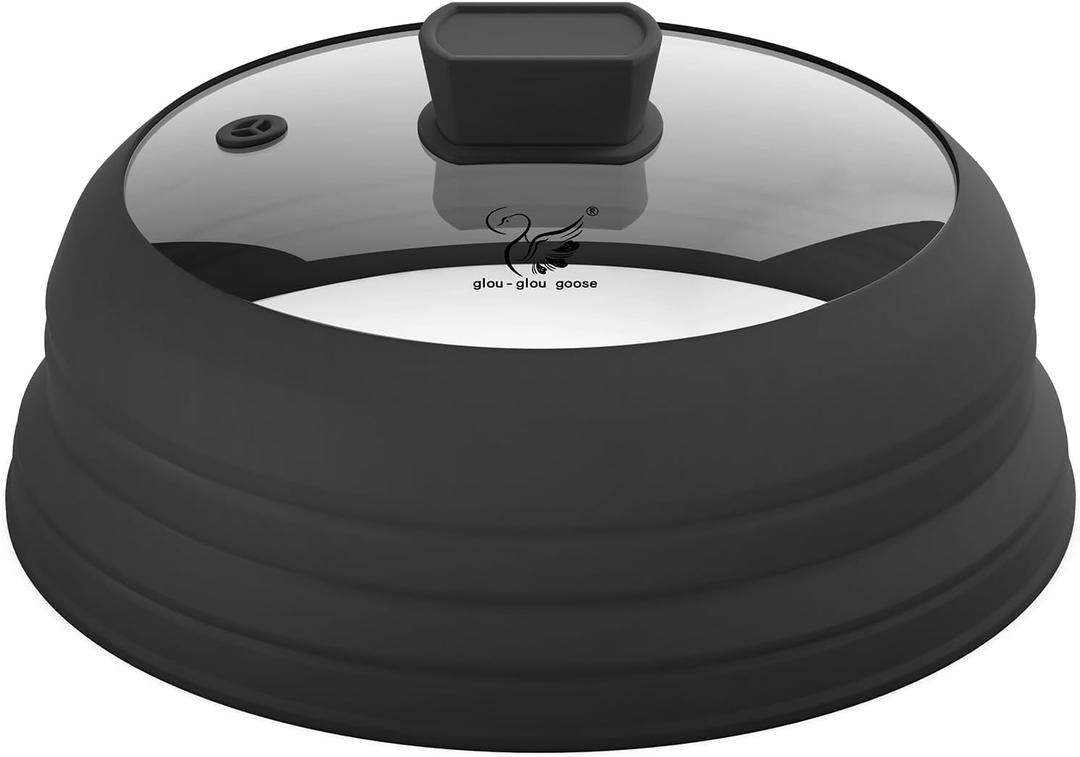 Microwave Splatter Cover Glass Guard Lid with Collapsible Silicone for Food Pot Plate 9.8 inch Black
