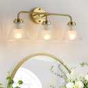 Modern Gold Bathroom Vanity Light, 3-Light Wall Sconce with Clear Ribbed Glass Shades, Farmhouse Industrial Light Fixture for Bathroom, Vanity Mirror, Powder Room, Hallway
