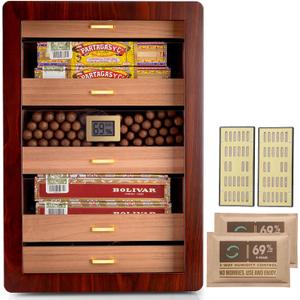 Cigar Humidors, Cedar Wood Humidor with Digital Hygrometer, Drawers, Humidifiers and Gold-Plated Hardwares. Cigar humidor Cabinet for Men Husband Father, 300 Cigars Capacity Walnut Color (Ebony)