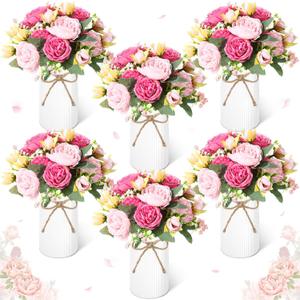 Domensi 6 Sets Wedding Floral Centerpiece for Table Decor, Artificial Peonies Silk Flowers Bouquet with Flower Foam and Metal Vase Faux Floral Arrangement for Bridal Shower Tea Party (Rose and Pink)