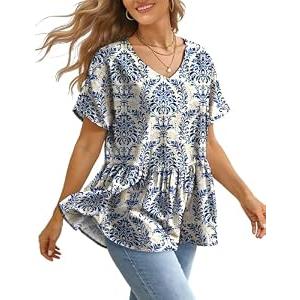 YESNO Women's Summer Tops Casual V Neck Babydoll Blouses Floral Short Sleeve Peplum Shirts XL TH2 CR425B