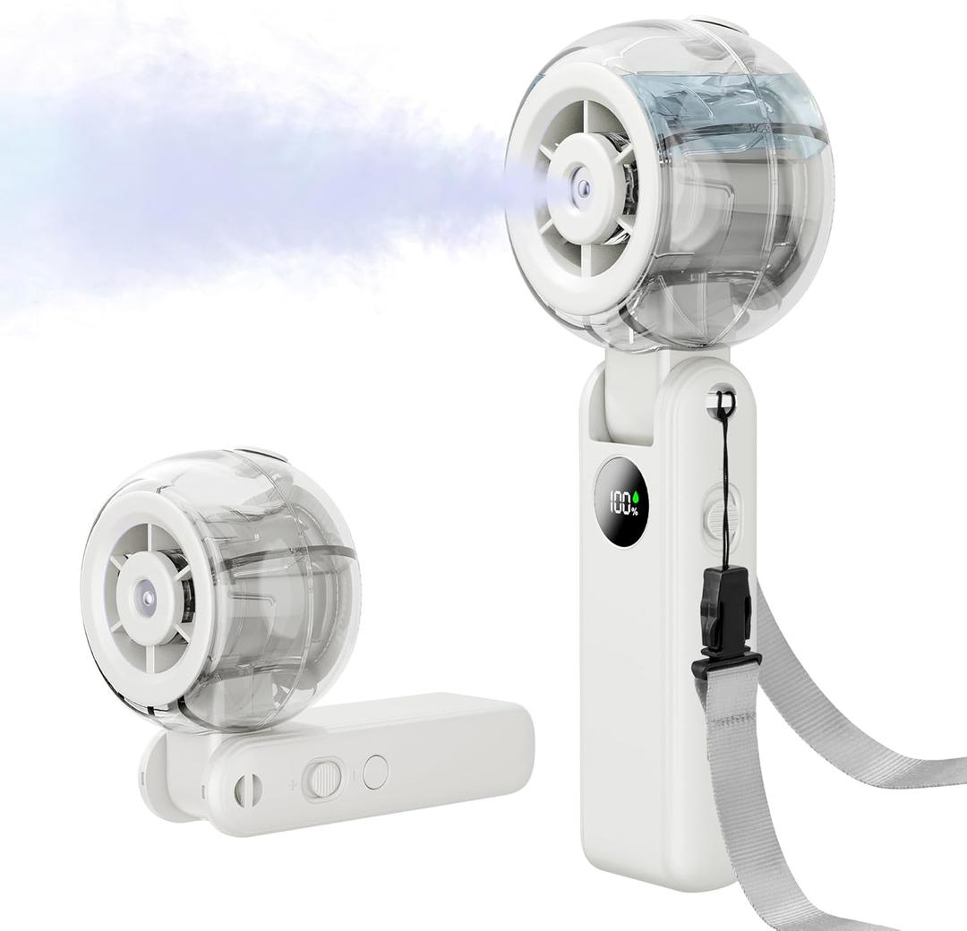 Portable Fan Handheld, Powerful Cooling Misting Fan Rechargeable, LED Display, 100 Speed Stepless Control, 155° Foldable, 4 IN 1 Personal Mist Fan for Outdoor, Travel, Makeup, Gifts for Men Women
