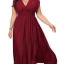 baronshion Womens Plus Size Dresses Short Sleeve V Neck Casual Dress Elastic Waist Flowy A Line Long Maxi Dresses Red (Red, XXL)