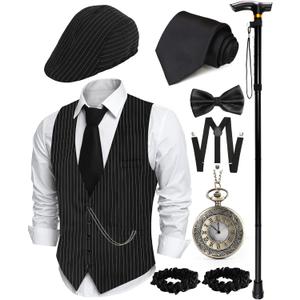 1920s Mens Costume, Roaring 20s Costumes for Men 1920s Mens Outfit with Walking Cane Vest Hat 1920 Mens Accessories (Black, S)