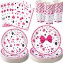 Domensi 250 Pcs Pink Cartoon Birthday Decorations Serves 50 Guests Pink Cartoon Theme Tableware Set Include Disposable Paper Plates Napkins and Cups for Baby Shower Party Supplies
