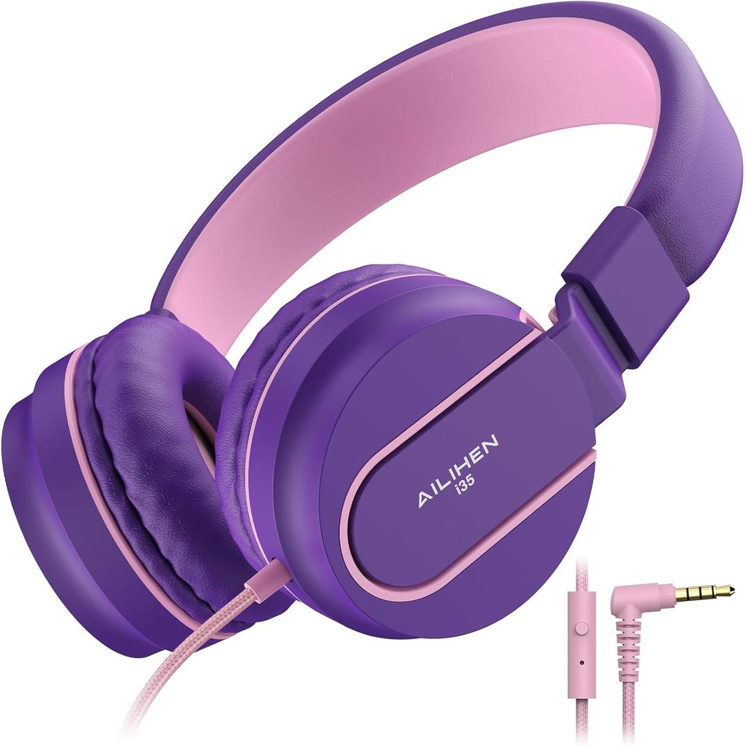 Kids Headphones, Wired Headphones for Kids On Ear with Microphone, 93dB Volume Limiter Headphone for Girls Boys, Foldable Lightweight Headphone for School Learning & Entertainment, Pink Purple