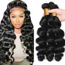 Loose Wave Bundles #1B Natural Black Human Hair Bundles 28 30 32 Inch Double Weft Loose Deep Human Hair Extensions For Women 50g/Bundle Total 150g