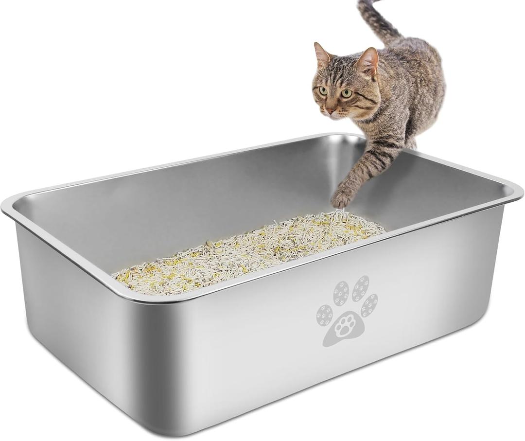 Stainless Steel Cat Litter Box High Side Cats Toilet Metal Kitten Litter Pan, Pet Cleaning Tool for Big and Small Cats, Rabbits, Splash-Proof and Non-Stick Cat Poop Box odorless 17.7"x13.8"x5.9"
