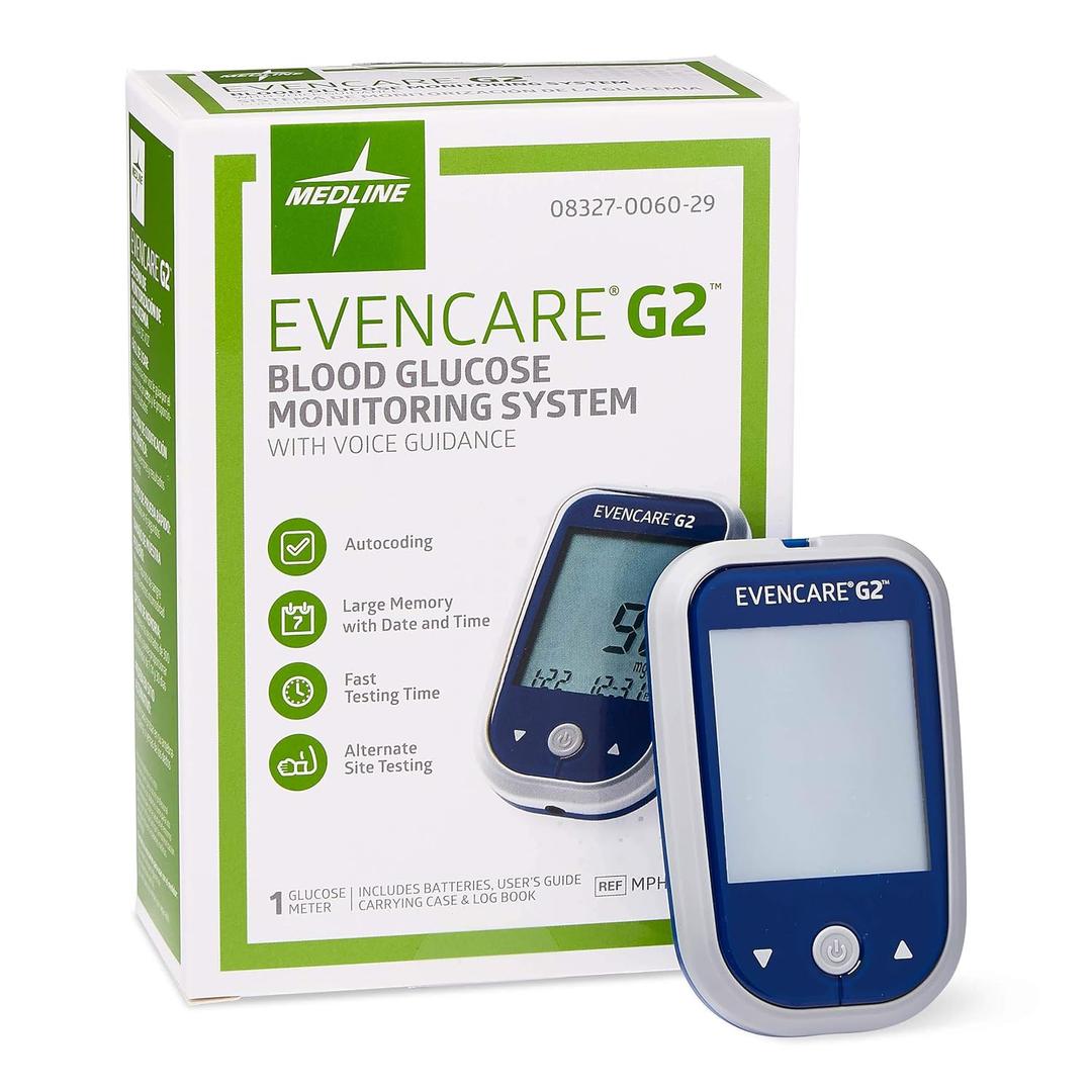 Medline EvenCare G2 Blood Glucose Monitoring Meter, Self-Testing Diabetic Care, 6 Sec Results, Batteries, Guide, Carrying Case, Logbook, Voice Assistance