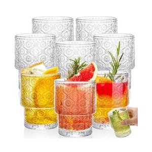 AVLA 8 Pack Vintage Drinking Glassware, 7 oz Romantic Water Juice Glass Tumbler Cup, Clear Stackable Coffee Cocktail Bar Drinkware for Beverages, Tea, Milk, Yogurt, Whiskey, Embossed Floral Pattern