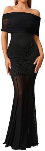 HTZMO Women Sexy Off Shoulder Bodycon Maxi Dress Strapless Ruched Wedding Guest Formal Party Long Dresses Black Small