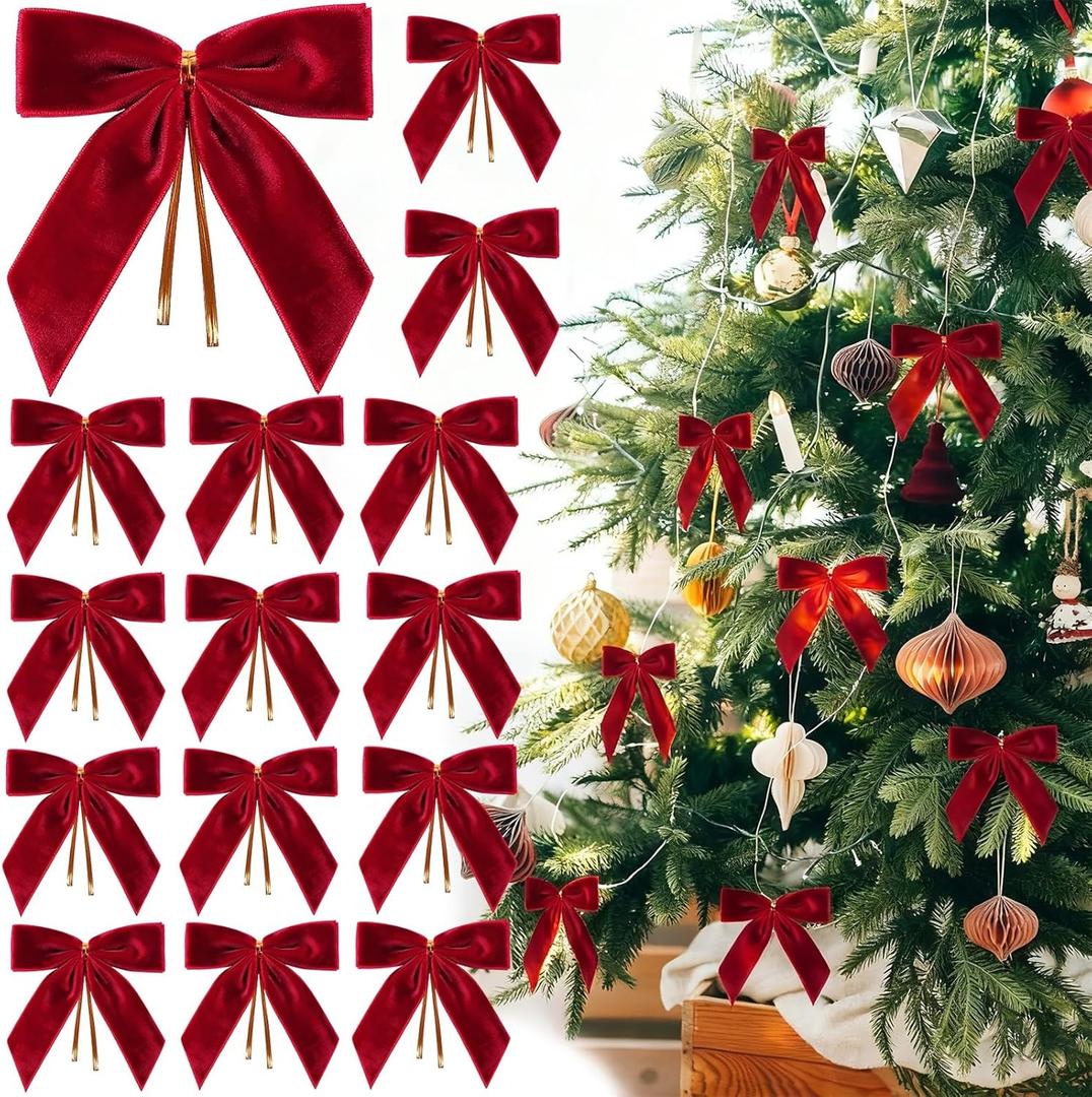 30Pcs Red Velvet Ribbon Bows Twist Tie Bows 3.5x3.5in for Christmas Tree Decorations Ornaments Wreath Baby Shower Treat Bag Gift Wrapping Crafts Xmas Candy Bags Dcor