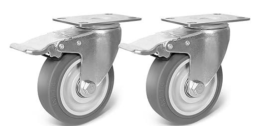 ZDNEY 4 Inch Caster Wheel, Rubber Wheels Silent Castor Set of 4 Heavy Duty Caster Wheels with Brake 1600Lbs, Industrial Plate Casters Wheels for Cart Furniture Workbench (2 Brake & 2 Swivel)