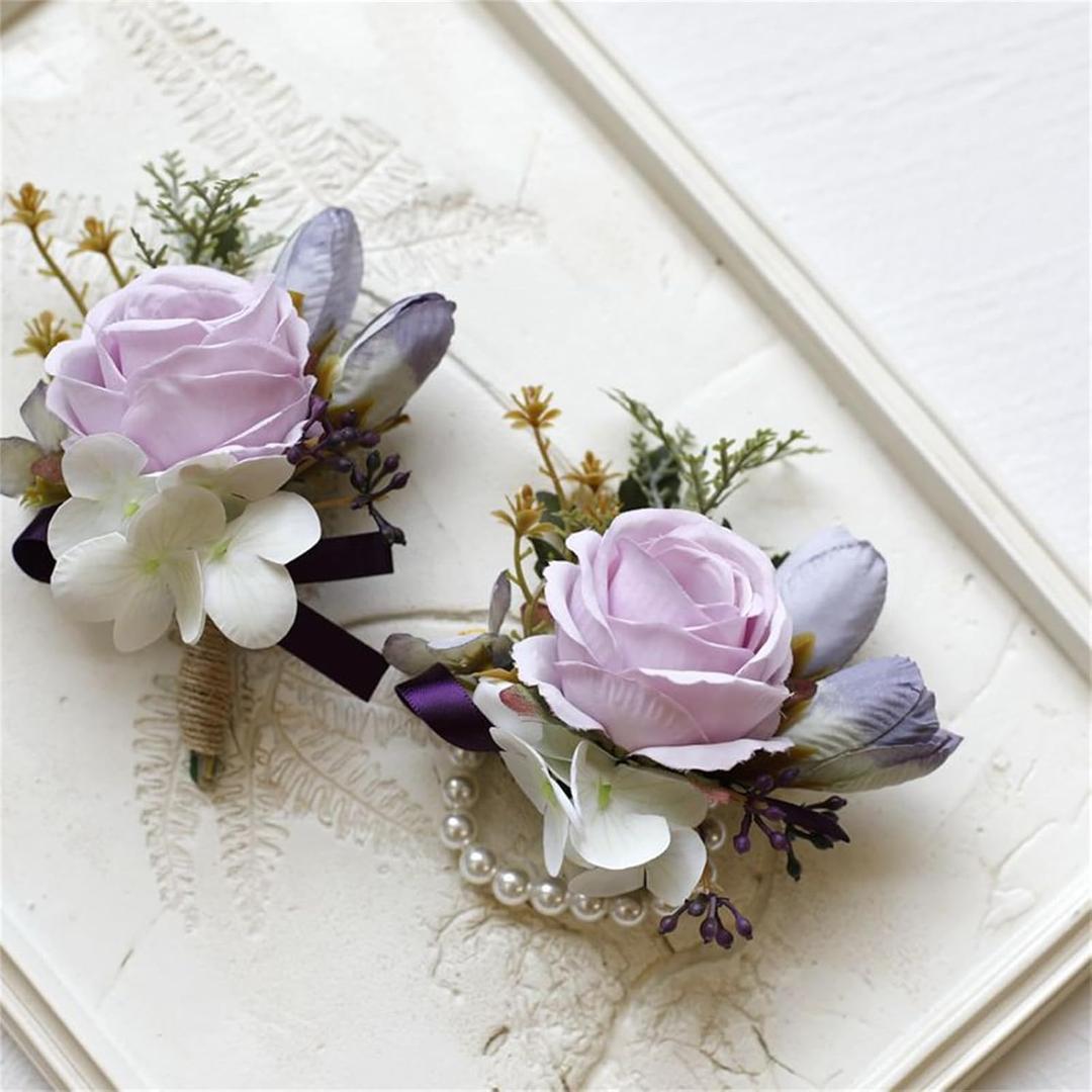 Wrist Corsage and Boutonniere Set Artificial Roses Flower Wedding Bridal Shower Homecoming Prom Corsage and Boutonniere for Groomsmen Bridesmaid Mother Girl Boys (Purple)