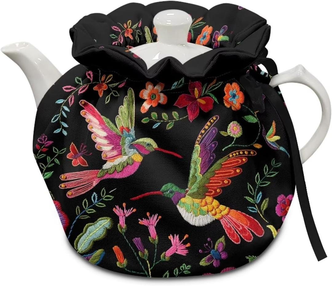 Generic Hummingbird Floral Tea Pots Cover Tea Cosy Drawstrings Breakfast Teapots Kitchen Tea Pots Dust Lid Home Family Decorative Accessories Cosy Cotton Afternoon Thermal Tea Sweet Gift