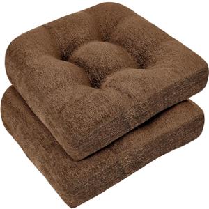 downluxe Chair Cushions for Dining Chairs 2 Pack, Tufted Indoor Chair Pads with Non-Slip Bottom, U-Shaped Kitchen Chair Cushions, 17"x17"x4", Brown