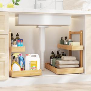 Bamboo Under Sink Organizer and Storage, 2 Tier Pull Out Cabinet Organizer, Slide Out Under Sink Storage Shelf, Undersink Organizers Shelves for Kitchen Bathroom Organization (Nature, 2 Packs)