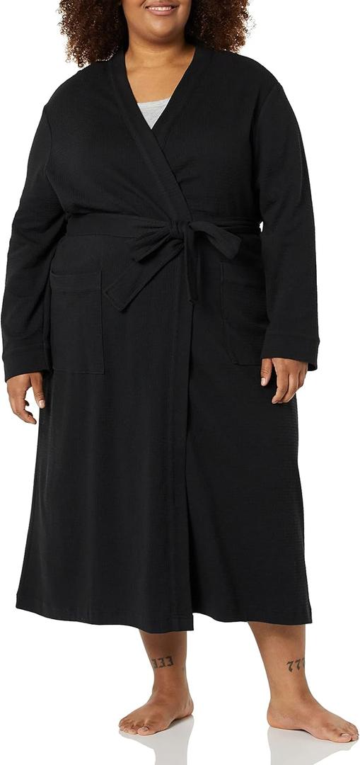 Amazon Essentials Women's Lightweight Waffle Full-Length Bath Robe (Medium, Black)