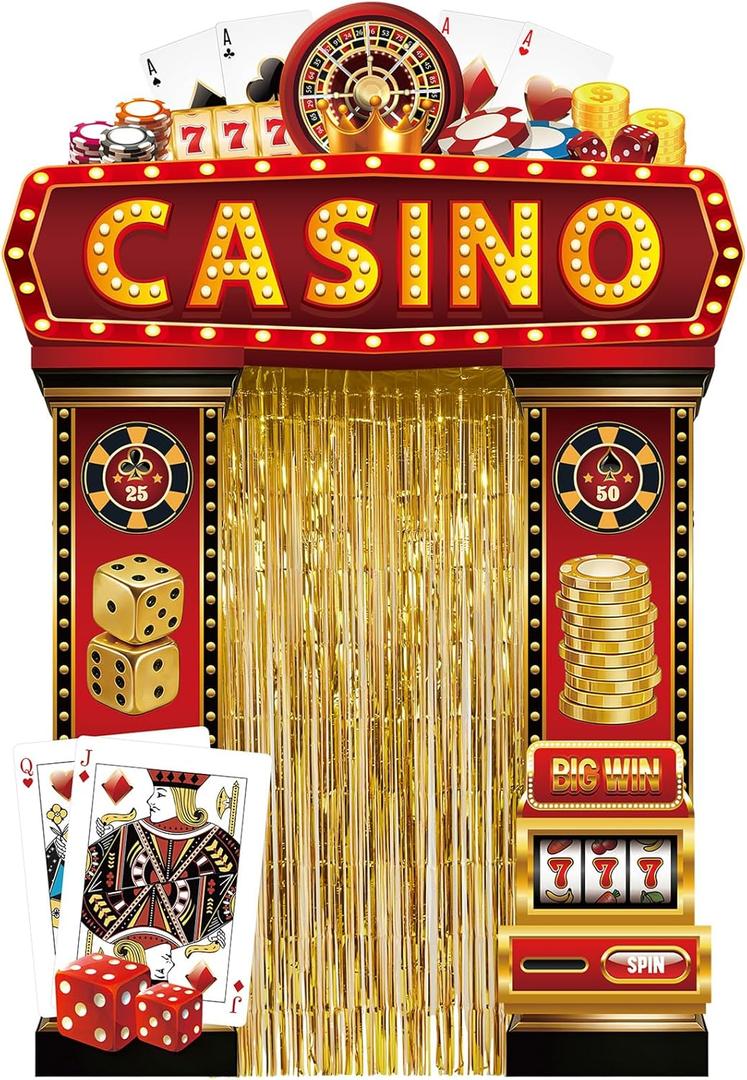 Bafeil 5 Pcs Casino Night Porch Sign Banner with Fringe Backdrop Curtains Casino Theme Party Decorations Las Vegas Hanging Banner Poker Welcome Porch Sign Red Carpet Party Decor Movie Night Supplies