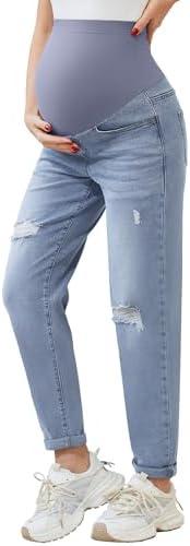 POSHGLAM Women's Maternity Boyfriend Jeans Over Belly Stretch Comfy Loose Casual Denim Pants with Pockets for Everyday Wear Size Medium
