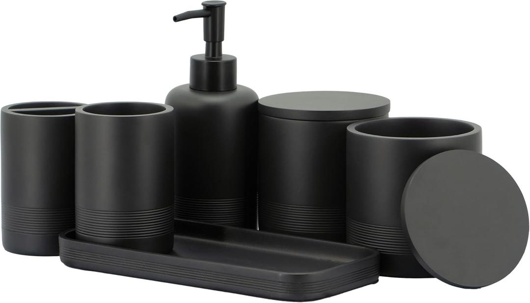ZCCZ Black Matte Bathroom Accessories Set 6 Pieces - Toothbrush Holder, Lotion Dispenser, Qtip Container, Vanity Tray, Tumbler - Countertop Organizer for Bathrooms - Elegant and Functional Dcor Set