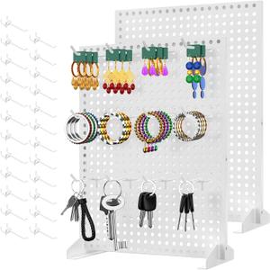 2PCS Pegboard Display Stand with 24 Peg Hooks, 13"  17" Tabletop Jewelry & Earring Display Rack for Vendors Craft Shows & Retail Store, Metal Peg Board Display Stand for Bracelet Keychains Pins White