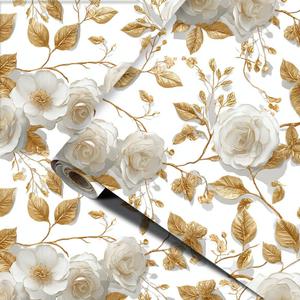 Elegant Floral Peel and Stick Wallpaper White Flower Gold Leaf Valentine Home Decor Valentines Day Contact Paper Self Adhesive Removable Vinyl Wall Covering for Bedroom Living Room 78.74 x 15.75 Inch (colorful0920)