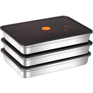 Stainless Steel Food Storage Containers with Airtight Lids, 3 Pack Leakproof Meal Prep Containers, Reusable Bento Boxes for Food, Dishwasher & Freezer Safe Containers for Fruits, Snacks, Leftovers, 13.1 x 9 x 1.89 inches