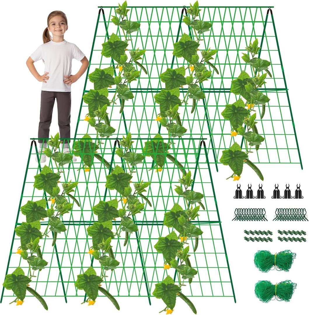 2 Packs 48" x 48" Foldable Cucumber Trellis for Raised Bed- A-Frame Garden Trellis for Climbing Plant Outdoor with Climbing Net & Plant Support Clip for Outdoor Plants Zucchini Vegetables Flowers