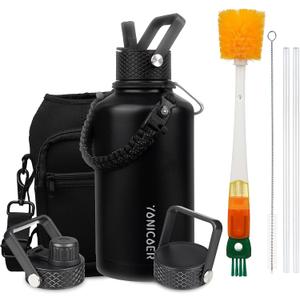 Insulated Water Bottle 64oz,Triple Wall Vacuum Stainless Steel(Dishwasher Safe),Leak Proof & Non-BPA,Flask Jug with Paracord Handle & Straw Spout Lids Sports Black