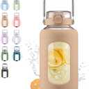 WINSA 84oz Glass Water Bottle with Stainless Steel Handle,2.4L Gallon Water Bottle with 2-IN-1 Straw Lid, Silicone Sleeve and Motivational Capacity Marker, Wide Mouth Water Jug For Gym, Workout, Amber