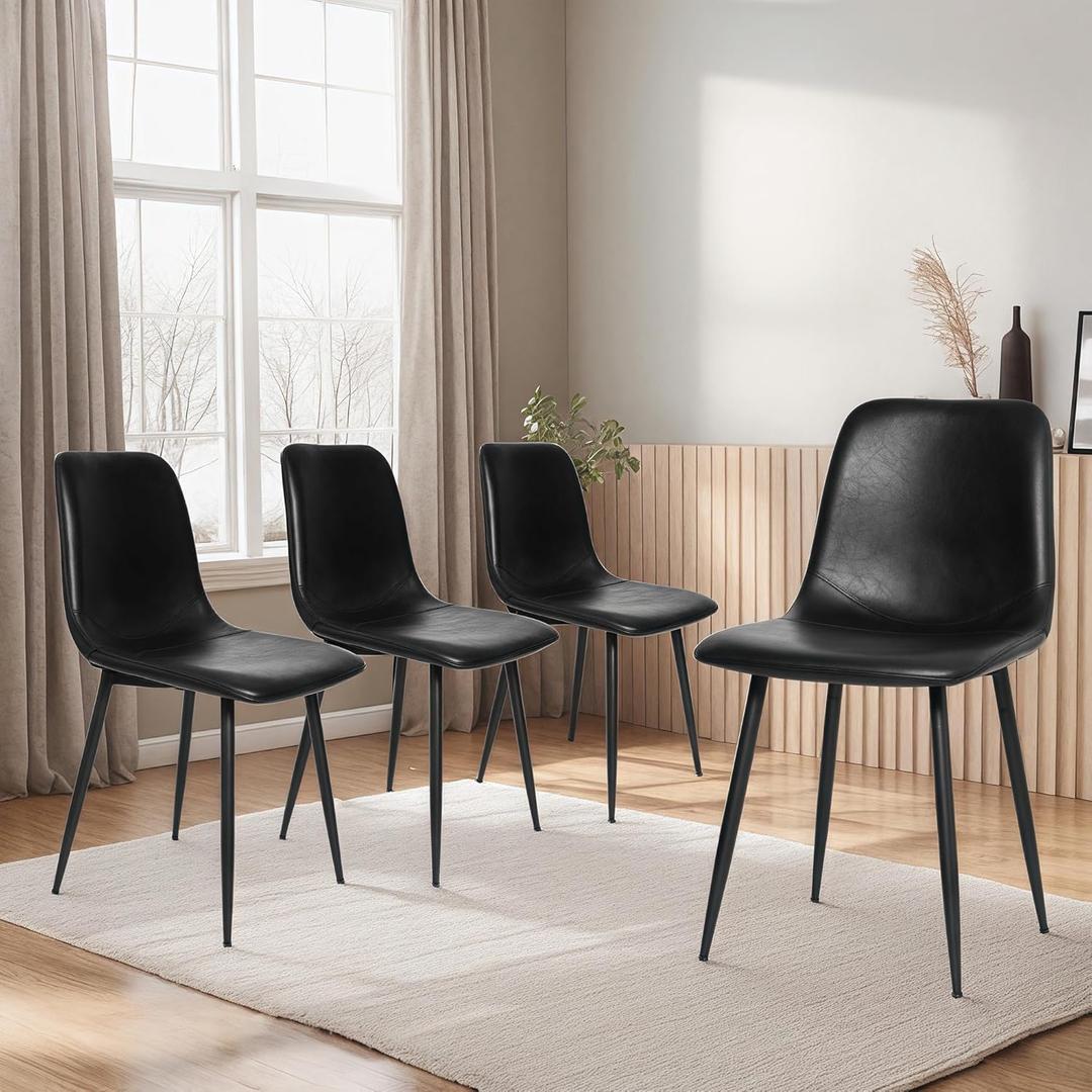 CangLong Black Dining Chairs Set of 4, Faux Leather Kitchen Chairs, Upholstered Armless Accent Chairs with Soft Backrest & Metal Legs for Living Room, Meeting Room, Black