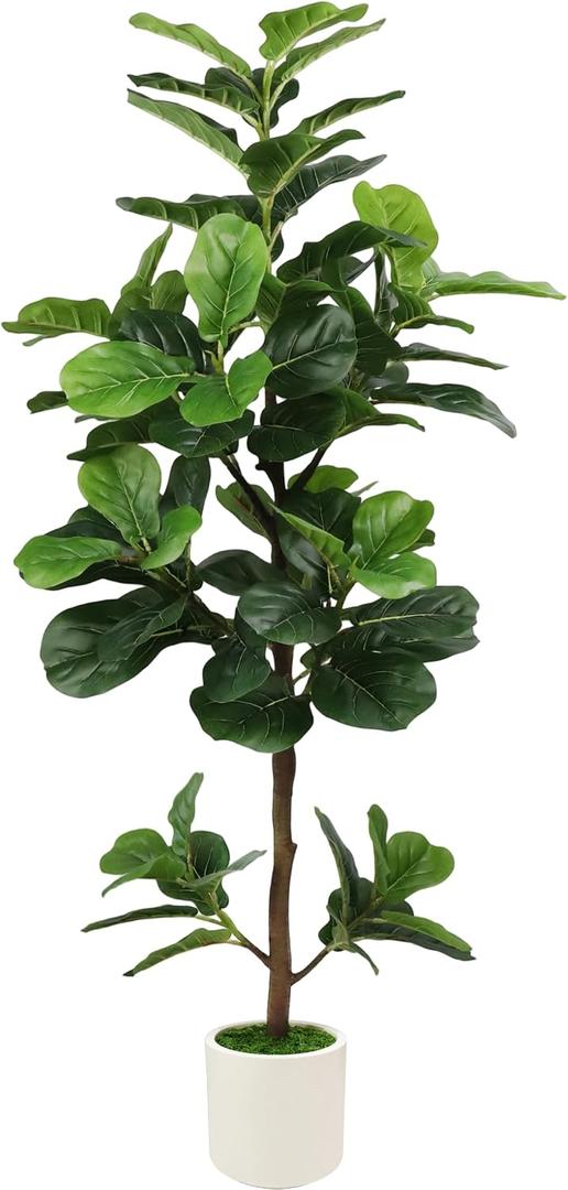5FT Artificial Fiddle Leaf Fig Tree with White Planter & Fake Moss, Realistic Faux Ficus Lyrata Floor Plant for Indoor Home Office Decor, Housewarming Gift