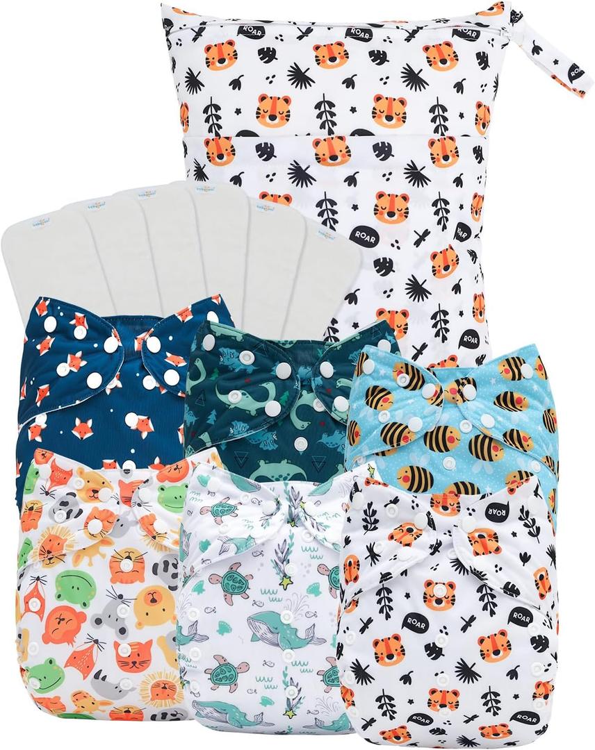 babygoal Large Cloth Diapers Pack of Toddlers, Cloth Diaper Covers 6 Pack with 6pcs Inserts and Wet Bag, Reusable Washable & Waterproof (Animal World), Size: Large