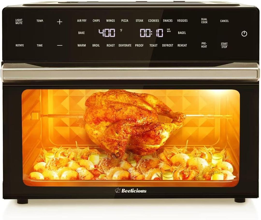 Beelicious 32QT Extra Large Air Fryer, 19-In-1 Air Fryer Toaster Oven Combo with Rotisserie and Dehydrator, Digital Convection Oven Countertop Airfryer Fit 13" Pizza, 6 Accessories, Brownish Black