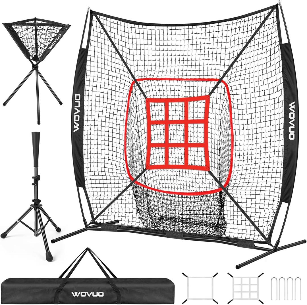 7 ft x7 ft Baseball Net for Batting Pitching Hitting, Baseball Pitching Net with Strike Zone, Baseball Tee, Ball Caddy, Softball Batting Net Baseball Training Equipment for Kids Adult Youth Sport Practice (Black)