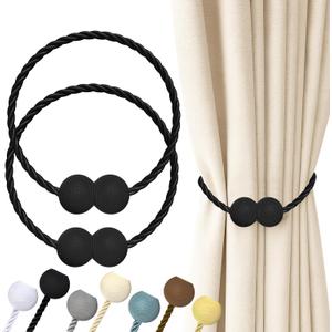 Hion Magnetic Curtain Tiebacks Black 2pcs, Curtain Tiebacks Buckles Holdbacks Holders Hooks Clip for Home Outdoor Bedroom Office Decorative Curtain (Ball)