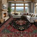 RELEANY Washable Area Rug, Large 9'x12', Red/Black | Non-Slip, Water Repellent, Pet Friendly, Easy to Clean, Vintage Floral Boho Decor for Living Room Bedroom Dining Room