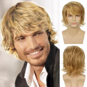 Mens Blonde Wig Short Layered Natural Fluffy Wig Synthetic Heat Resistant Halloween Cosplay Hair Wig