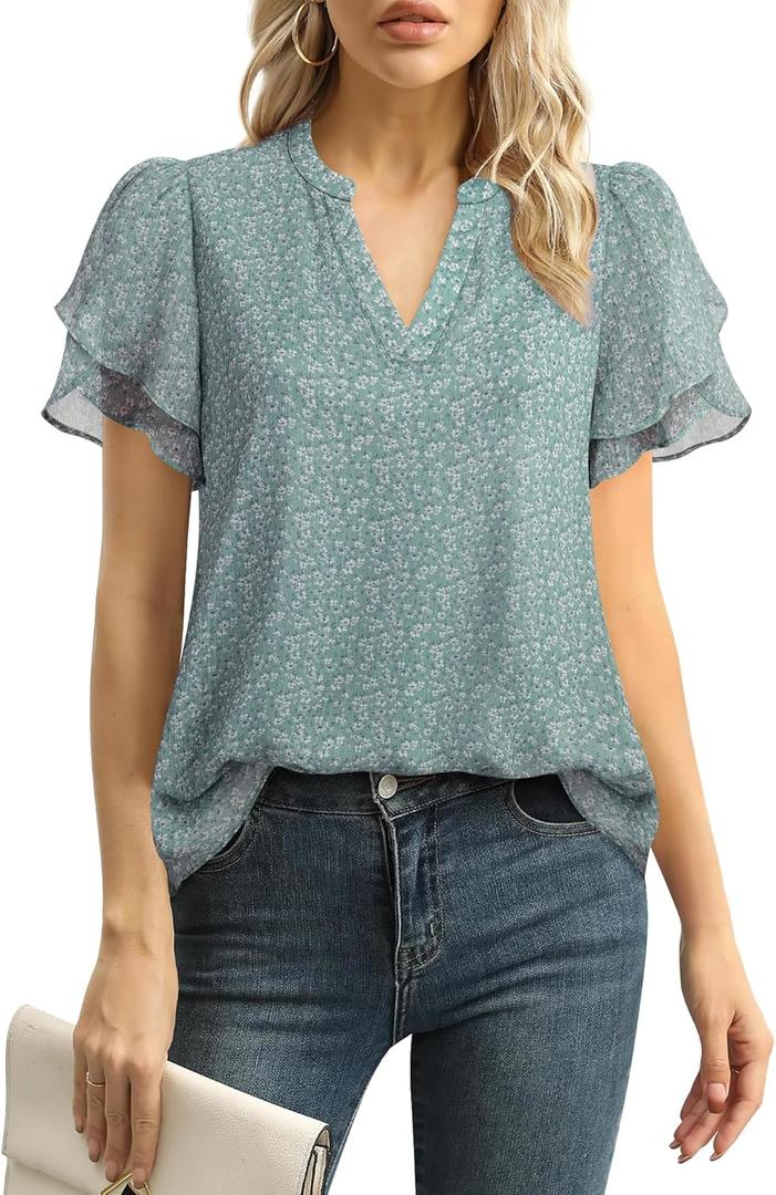 Lotusmile Womens Dressy Chiffon Blouses Summer Puff Petal Short Sleeve Shirts V Neck Casual Work Tops (Medium, Floral Blue)