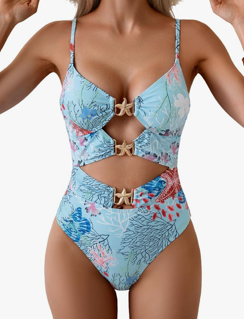 Eomenie One Piece Swimsuit for Women Cutout Monokini Sexy Bathing Suit Metal Swim Suit Light Blue Seaweed Print XL