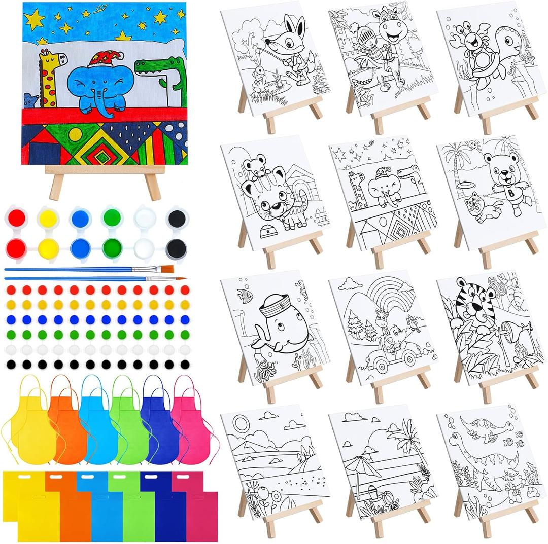 Tenceur 48 Pcs Kids Paint Party Favors Sets with 12 Pcs Animals Pre Drawn Canvas Panel and Wooden Easel Set Paint Pots and Brushes 12 Mini Apron and Tote Bag for Kids Boys Student Girls